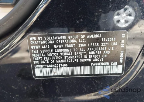 2017 Volkswagen Passat 1.8T R-Line из США, поврежденный, VIN 1VWDT7A39HC037405